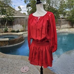 Elizabeth and James smocked waist  red silk dress S